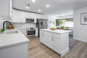 Kitchen featuring white cabinets, stainless steel appliances, decorative backsplash, a kitchen island, and light wood-style flooring