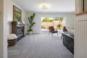 Sitting room with a glass covered fireplace, carpet, and a textured ceiling