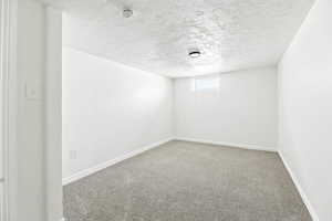 Carpeted spare room with a textured ceiling and a smoke detector