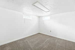 Basement with a textured ceiling and carpet