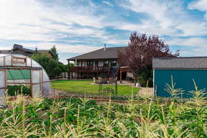 Rear view of house with an outdoor structure, a patio, a greenhouse, and a shingled roof