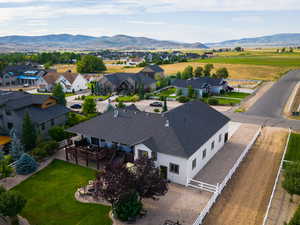 Aerial view of residential area with a mountainous background