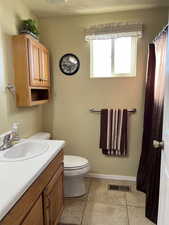 Full bathroom with vanity, a textured ceiling, and curtained shower