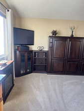 Living area featuring light carpet and a textured ceiling