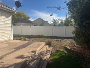 Fenced backyard with a wooden deck