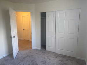 Unfurnished bedroom with carpet flooring and a closet