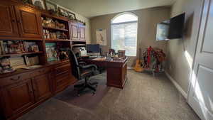 Office area with light carpet and baseboards