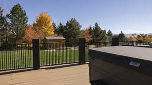 Deck featuring a hot tub and a fenced backyard