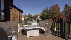 Wooden deck featuring area for grilling and a fire pit
