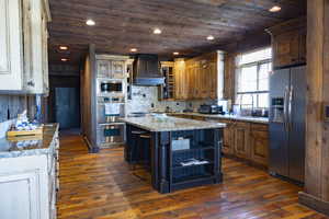 Kitchen featuring wood ceiling, recessed lighting, dark wood-style floors, stainless steel appliances, and open shelves