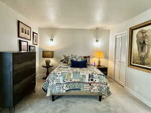 Bedroom with light carpet, a textured ceiling, and a closet