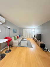 Living area with light wood finished floors and a wall mounted air conditioner