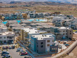 Aerial perspective of suburban area featuring mountains