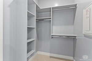 Walk in closet with light carpet