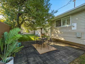 Fenced backyard featuring a patio and outdoor dining space