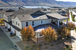 Aerial perspective of suburban area featuring mountains