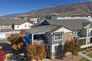 Aerial view of residential area with a mountainous background