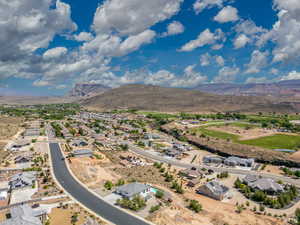 Aerial perspective of suburban area with mountains