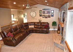 Living area featuring wood ceiling, vaulted ceiling, recessed lighting, a ceiling fan, and light tile patterned floors