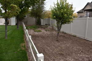 Fenced backyard with a garden