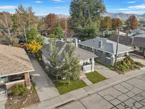 Aerial view of residential area with mountains