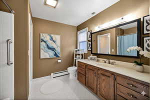 Virtually Staged Bathroom featuring vanity, a shower with curtain, and a baseboard heating unit