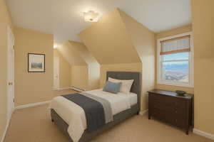 Virtually Staged Bedroom with vaulted ceiling, baseboard heating, and light colored carpet