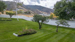 Fenced backyard featuring a mountain view