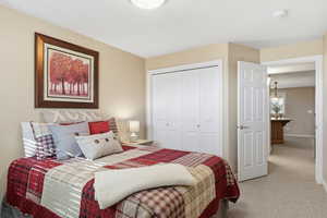 Carpeted bedroom with a closet and baseboards