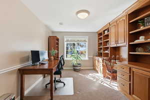 Office featuring light colored carpet and a textured ceiling