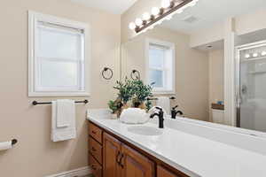 Full bath with vanity and a shower stall