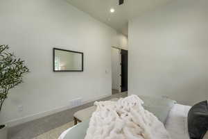 Bedroom featuring carpet flooring, recessed lighting, and a ceiling fan
