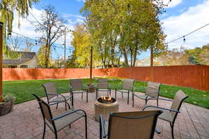 Fenced backyard with an outdoor fire pit and a patio