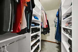 Walk in closet with light carpet