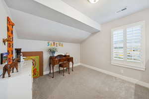 Sitting room featuring carpet floors, lofted ceiling, and a textured ceiling