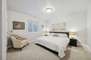 Carpeted bedroom featuring baseboards and a textured ceiling