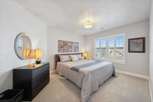 Bedroom featuring light colored carpet and a textured ceiling