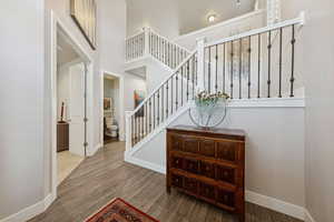 Staircase featuring wood finished floors and a towering ceiling