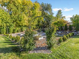 View of property's community with a lawn