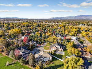 Aerial view of residential area with mountains