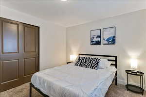 Carpeted bedroom with a closet