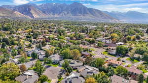 Aerial perspective of suburban area with mountains