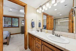 Ensuite bathroom featuring double vanity, light carpet, a stall shower, and track lighting