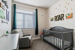 Carpeted bedroom with natural light