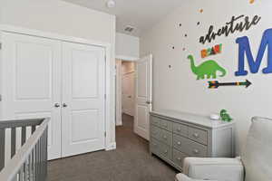 Carpeted bedroom with natural light and closet