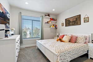 Primary bedroom featuring can lighting, carpet, and natural light