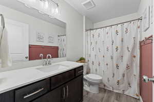 Bathroom with vanity, light wood finished floors, and a shower with curtain