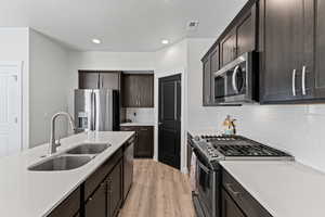 Kitchen featuring appliances with stainless steel finishes, light wood-type flooring, dark brown cabinetry, decorative backsplash, and recessed lighting
