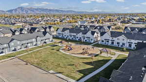 Aerial view of residential area with a mountain backdrop