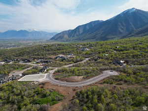 Aerial view of property and surrounding area with mountains - approximate lot lines shown.